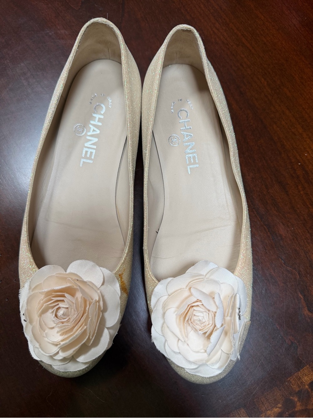 CHANEL Beige Floral Camellia Ballet Flats